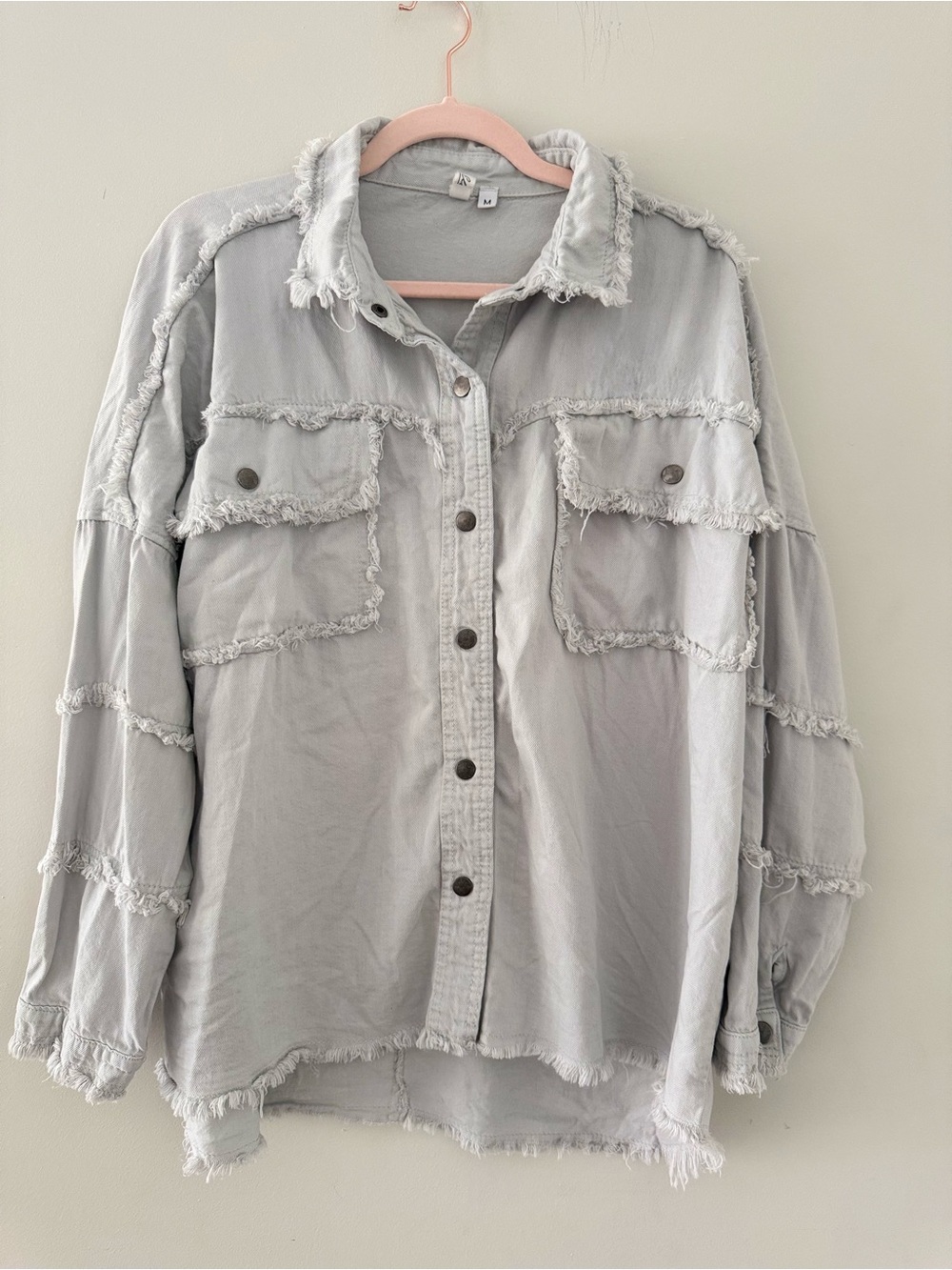 Elan Fringe-Trim Button-Front Shacket with 'Rock & Roll' Back